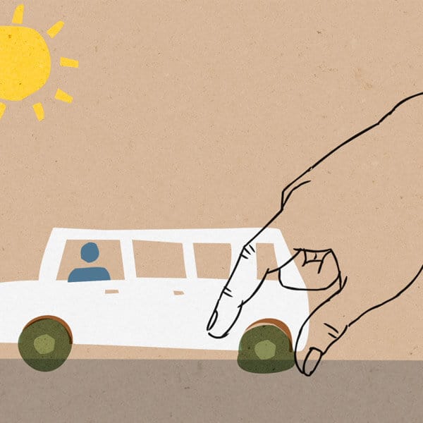 Still image of giant hand grabbing flat car tire - Explainer movie animation